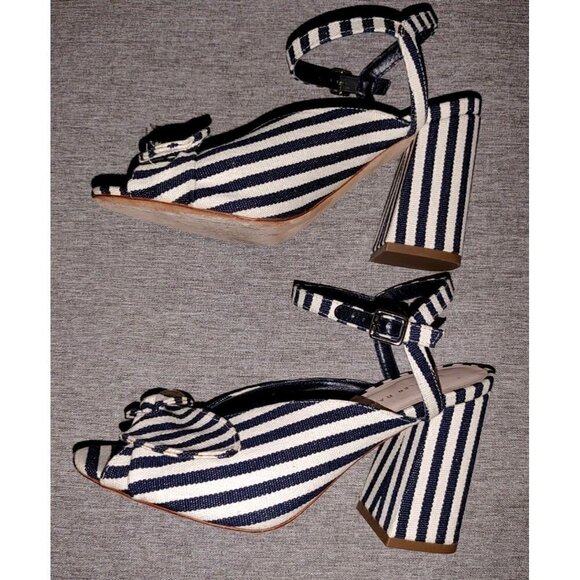 Loeffler Randall Leigh Striped Canvas Block Heel Sandal Navy and White Size 7B - Picture 3 of 9